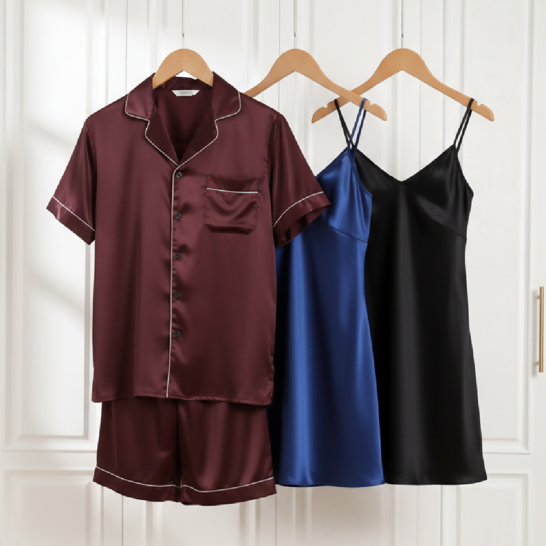 Couple Silk Night Suit - Sleepwear Set - Shirt and Shorts with Slip Dress