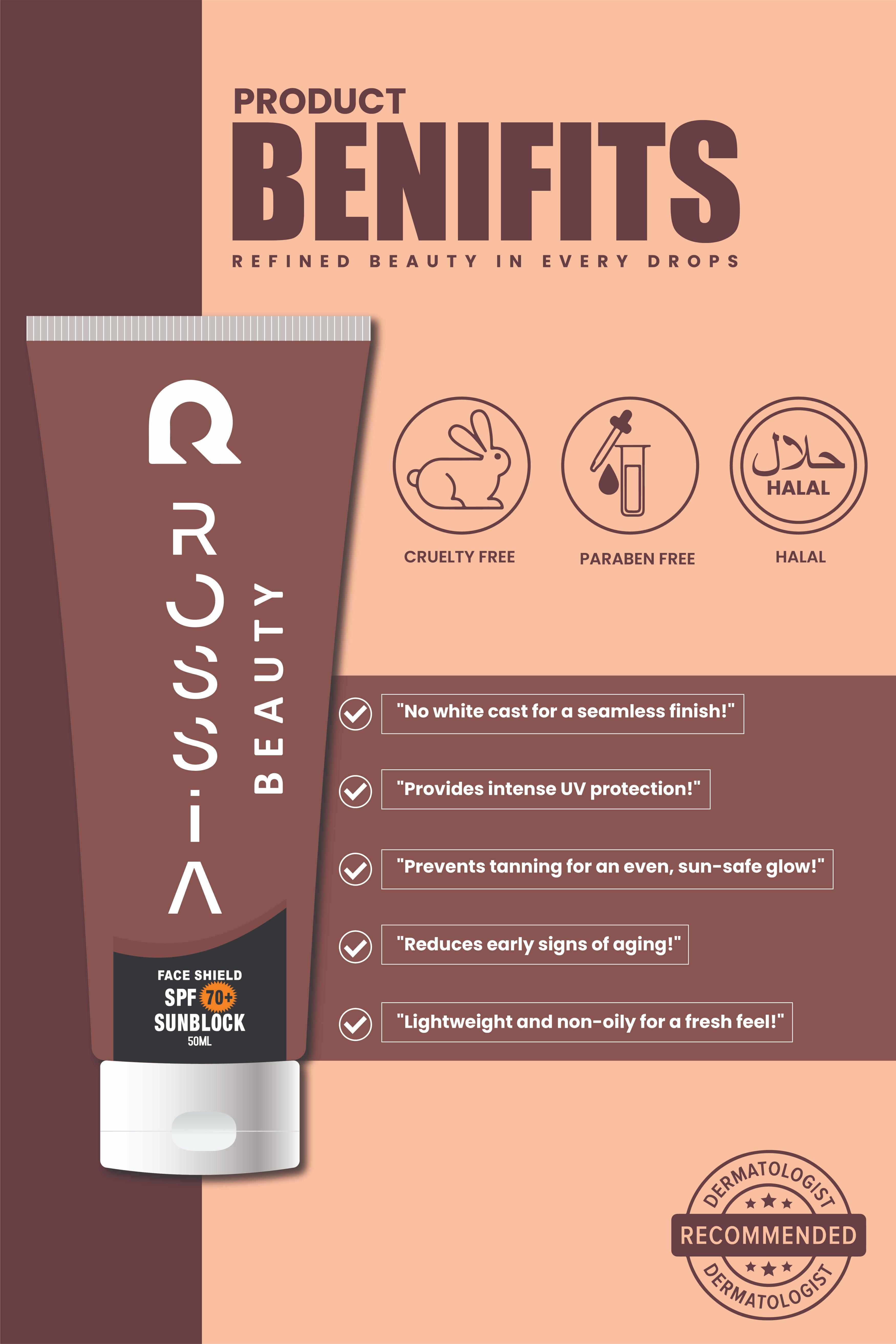 Benefits of Rossia Beauty  Sunblock SPF 70 (50ml) for all skin types. Provides strong UVA/UVB protection, prevents sunburn, and supports even skin tone and glow.