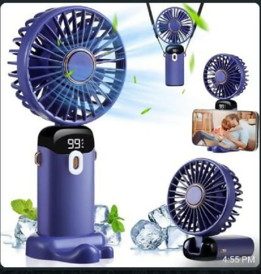 Foldable USB Neck Hanging Fan 5 Speed USB Fan Led Display Screen Rechargeable With Phone Stand
