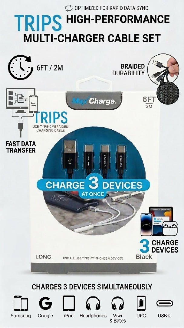 3 in 1 Braided USB Type C Charging Cable 6FT TRIPS Charge 3 Devices type C Simultaneously Cable for Type C Phones And Tablets