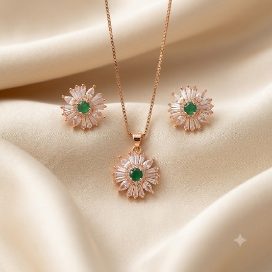 Zircon Emerald Starburst Pendant and Earring Set
