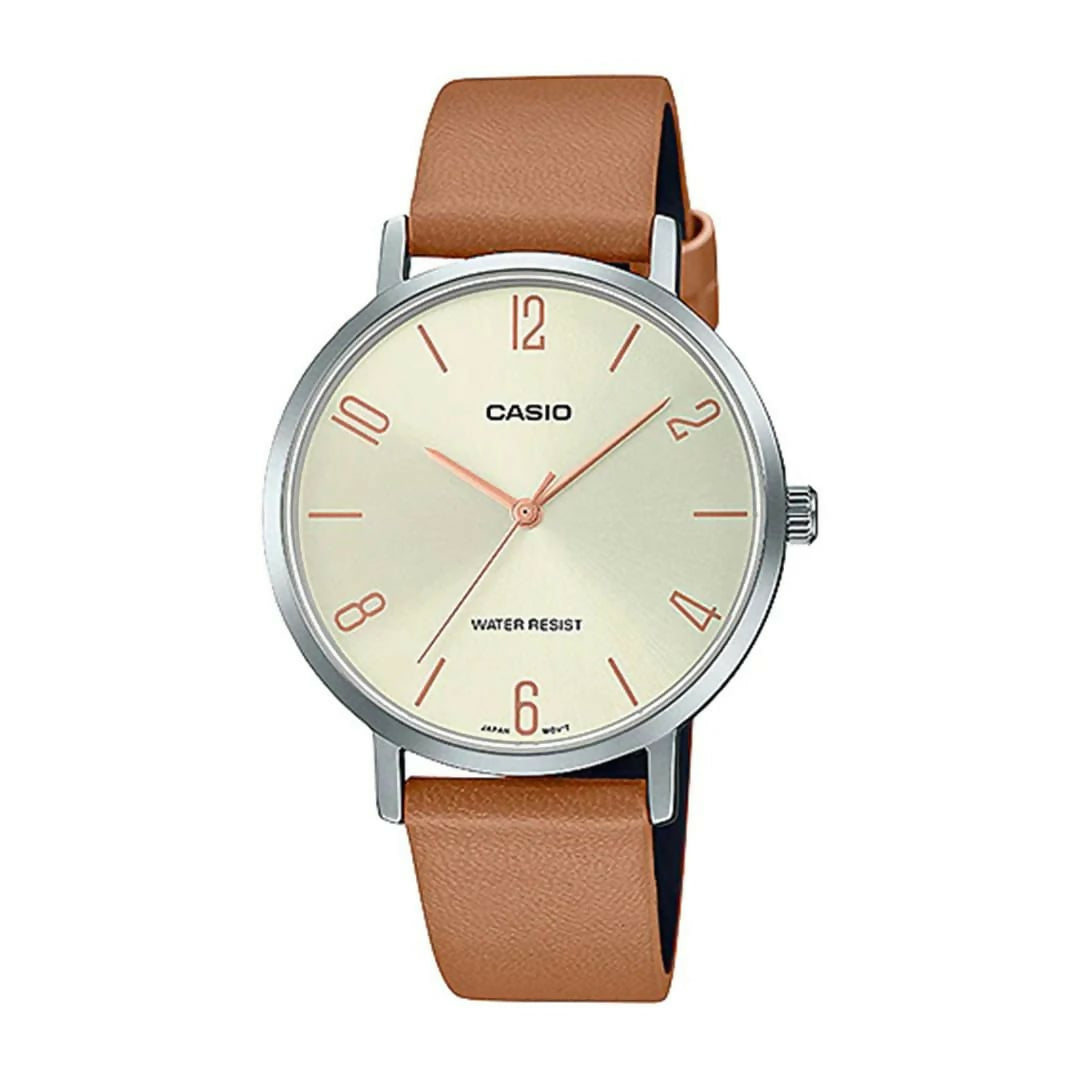 Casio Women Watch Off White Dial with Light Brown Leather Strap Elegant Analog Ladies Wrist Watch Classic Daily Wear