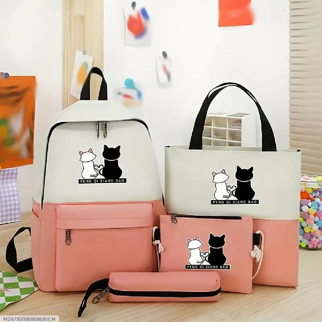 Cute Cat Print 5-in-1 School Bag Set for Girls - Backpack - Handbag - Crossbody Pouch - Pencil Case - Lunch Bag