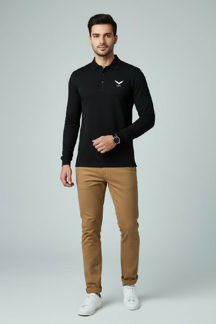 Classic Black Full Sleeve Polo Shirt – Polyester Spandex
