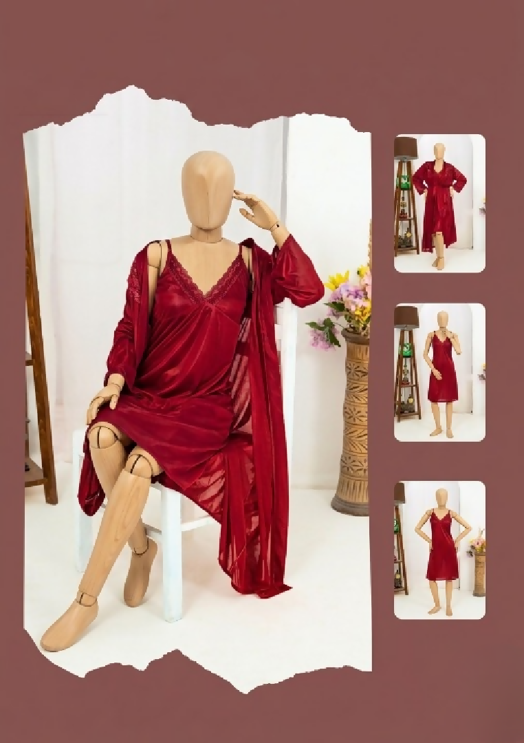 Premium Silk 2-Piece Bridal Nightwear Set Elegant Lace Embroidery Sleepwear Free Size