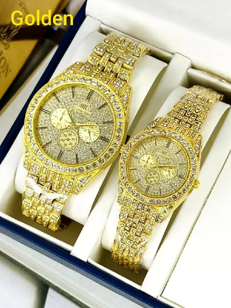 Luxury Diamond Accented Couple Watch Set Without Box Golden