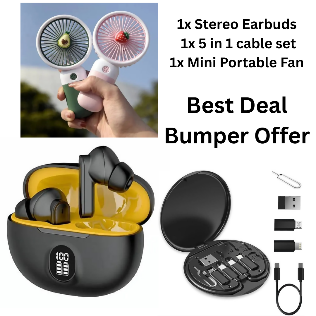 Tech Essential Bundle Mini fans Tws ear buds 5 in 1 data cable set
