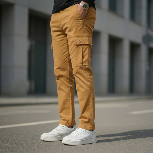 Premium 6 Pocket Cargo Trousers for Men Slim Fit Cotton Lycra Stretchable Pants Stylish Casual Cargo Pant in White and Camel Colors