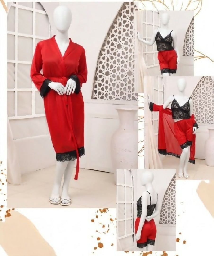 Womens Luxury Silk Nightwear Set with Black Lace 3 Piece Robe Slip Dress SKU R-011 Free Size