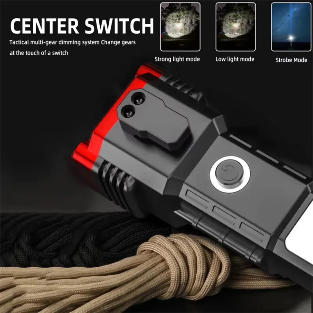 High-Power LED Torch Light - Rechargeable Flashlight with Tactical Hammer - Power Bank With Box Random Colors