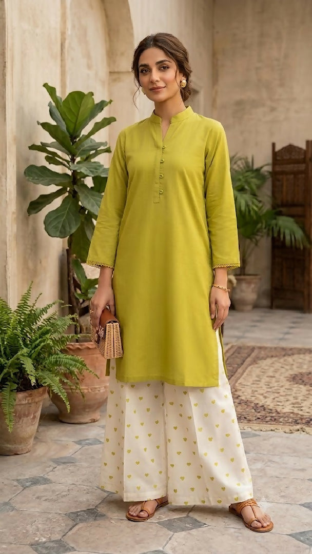 Womens Stitched 2 Piece Lawn Cotton Suit Ready to Wear Solid Shirt Printed Wide Leg Trouser Casual Pakistani Ladies Dress