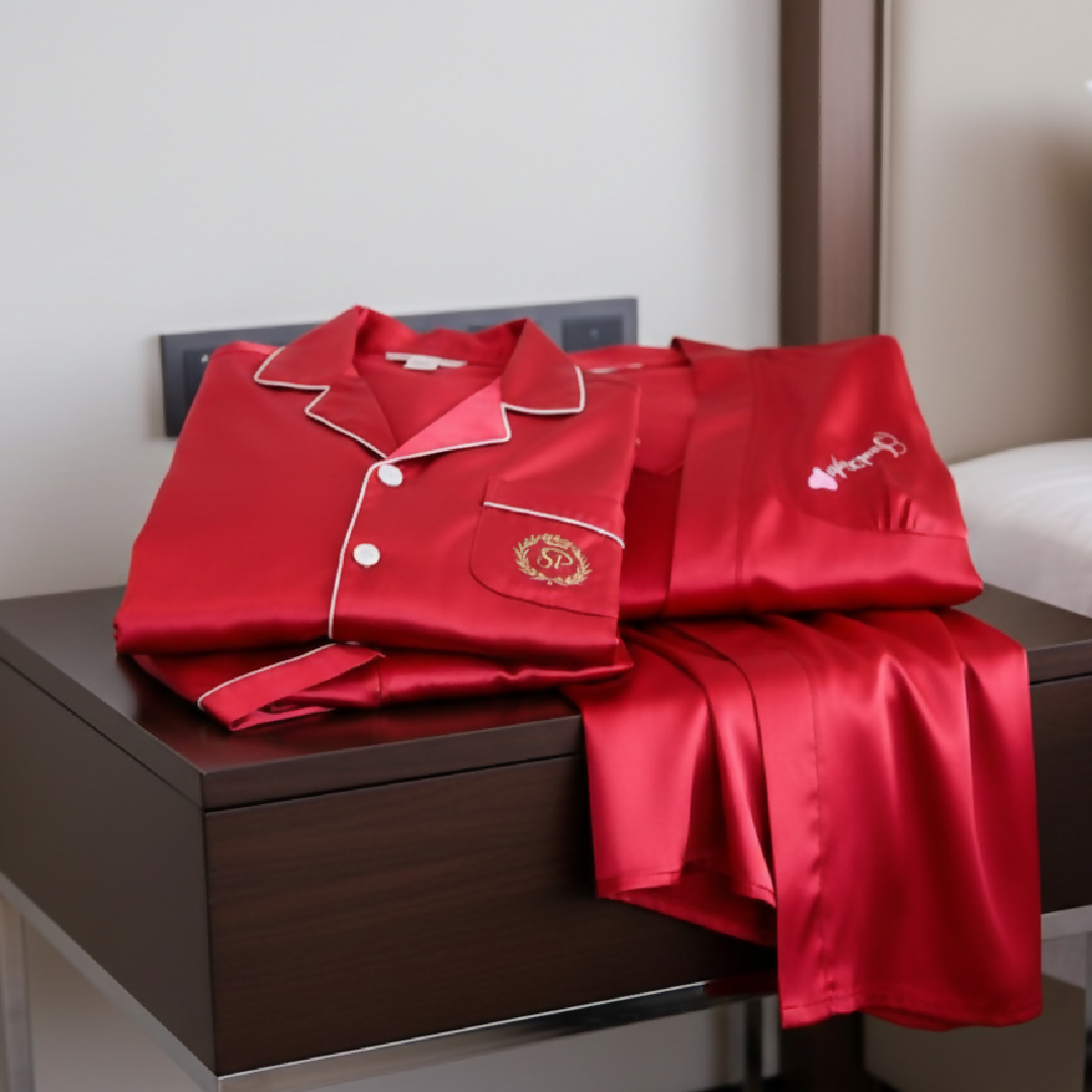 Couple Night Dress Silk Sleepwear Set - 4-Piece Pajama and Robe Set - SKU DC-C012