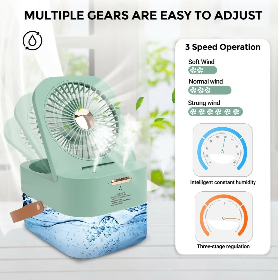 Mini Fan with Cool Mist - Portable Air Cooler - USB Table Fan - Desk Fan with 3 Wind Modes and Brightness Adjustment - Table Fan for Home - Office