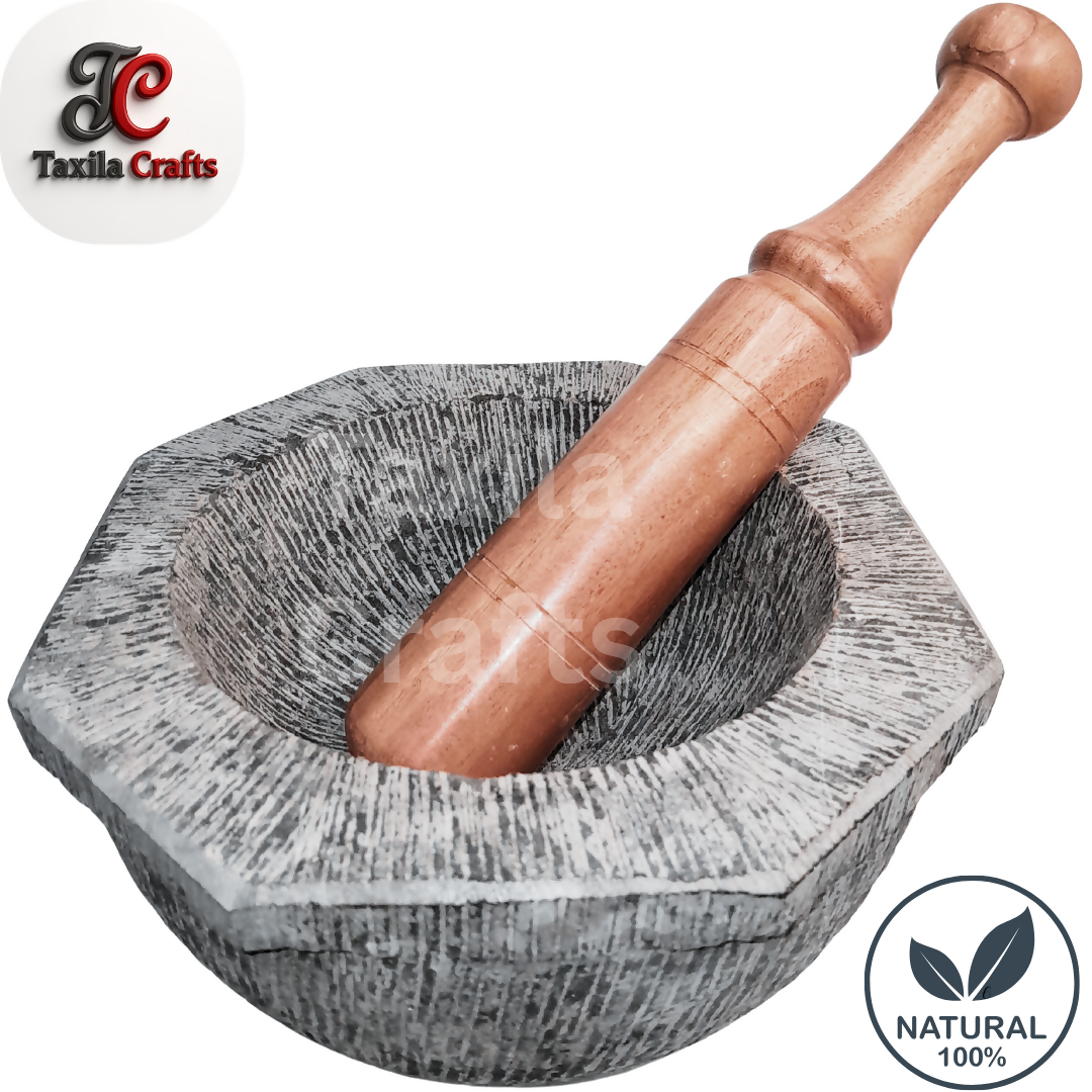Large Size 10 Inch Handmade 8 Sided Black Stone Mortar with 12 Inch Wooden Pestle Fully Textured Taxila Hills Stone