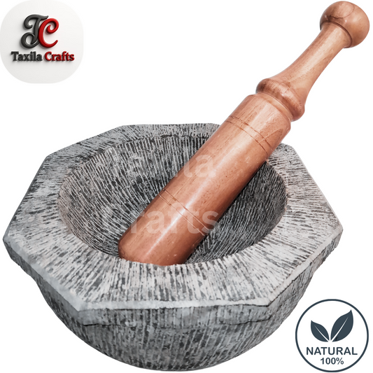 Large Size 10 Inch Handmade 8 Sided Black Stone Mortar with 12 Inch Wooden Pestle Fully Textured Taxila Hills Stone