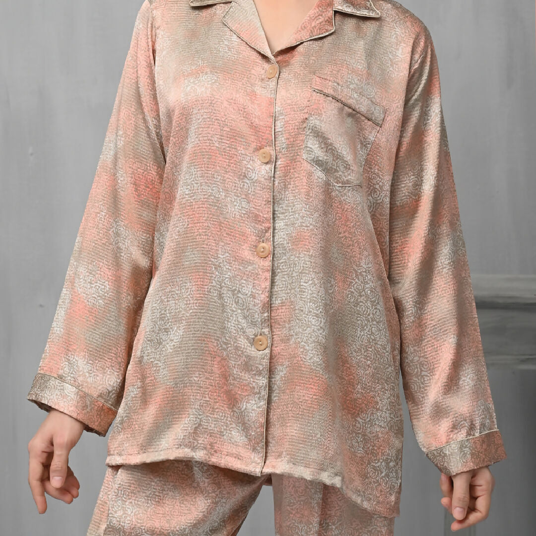Premium Peach Printed Satin Pajama Set for Women – Button-Down Nightwear