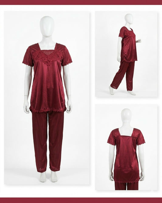 2 Pcs Premium Silk Lace Womens Sleepwear Set T-Shirt Trouser Nightwear Free Size