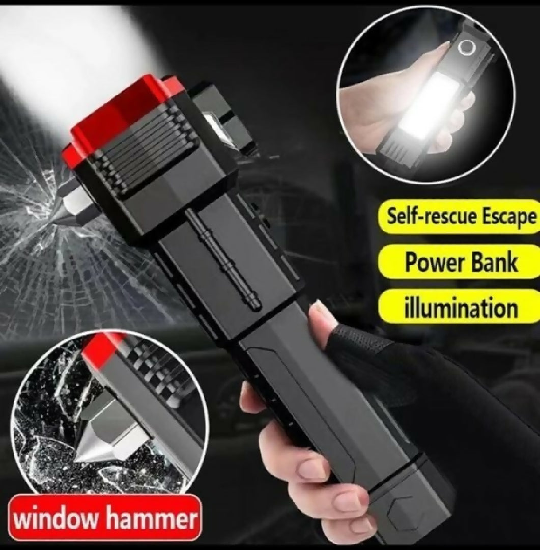 High-Power LED Torch Light - Rechargeable Flashlight with Tactical Hammer - Power Bank With Box Random Colors