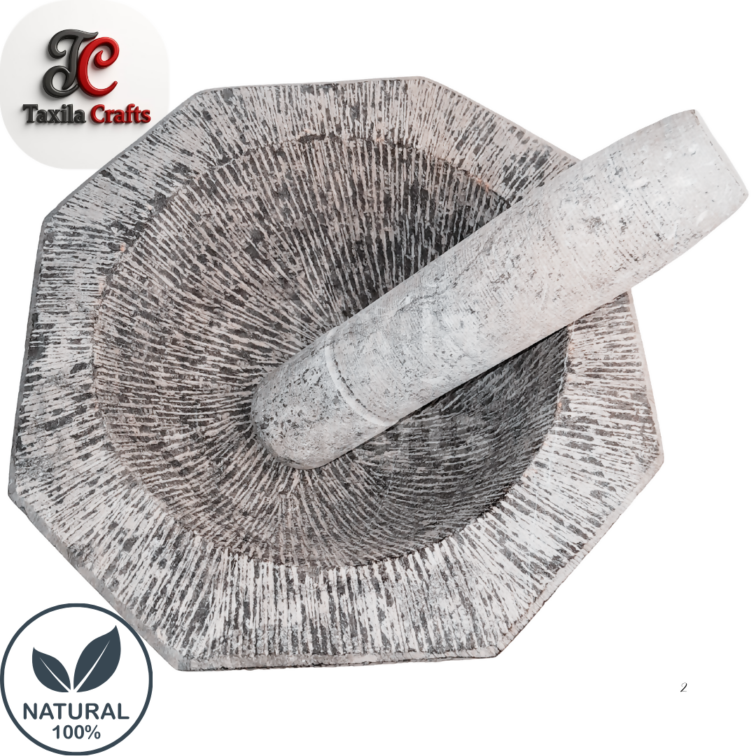 Large Size 10 Inch Handmade 8 Sided Black Stone Mortar with Stone Pestle Fully Textured Taxila Hills Stone