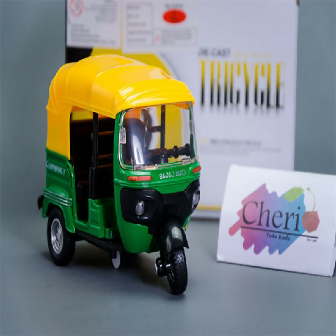 Toy Diecast Auto Rickshaw car Motor Tricycle Miniature Bemo Music Sound Light Model Free wheel can slide run like real CLASSIC TRICYCLE Three wheeled motorcycle alloy car model children taxi