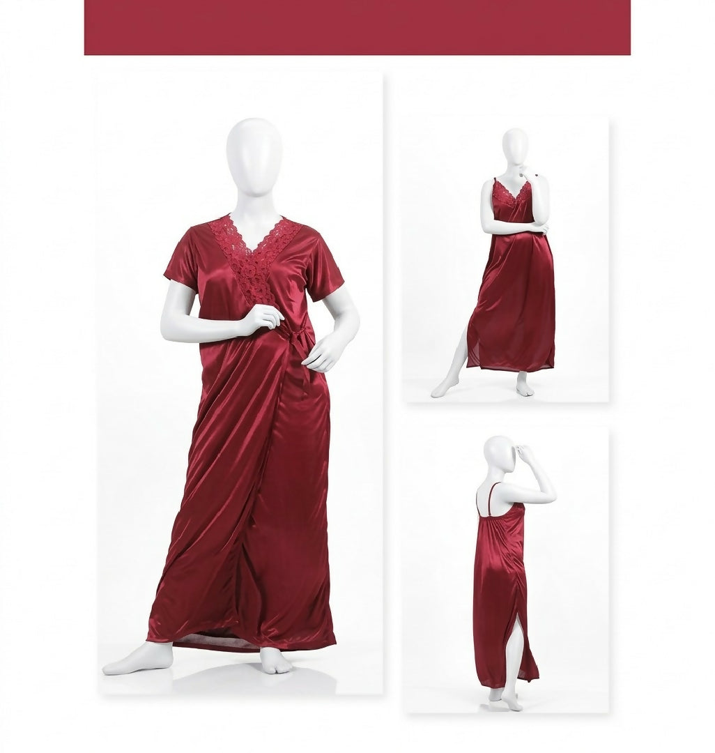 2 Pcs Premium Silk Lace Womens Sleepwear Set Inner Gown Nightwear Size Free