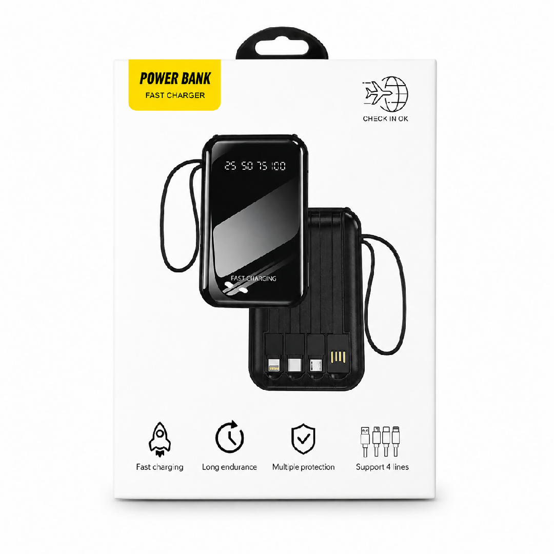 10000mAh Power Bank 4 Built In Cables Fast Charging LED Display Portable Power Bank Black