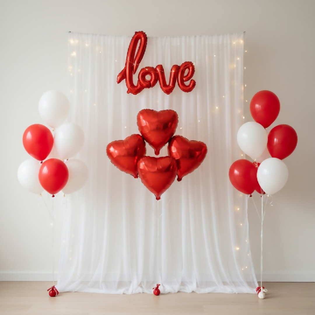 32 Pcs Romantic Tent Decoration Set With Red White Balloons Foil Heart LED Lights White Curtain Backdrop For Bedroom