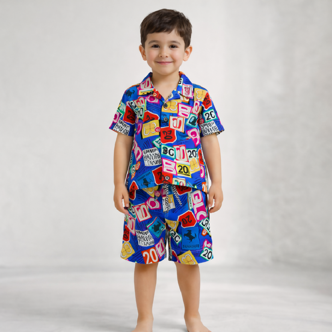 Kids Printed Linen Short Pajama Set