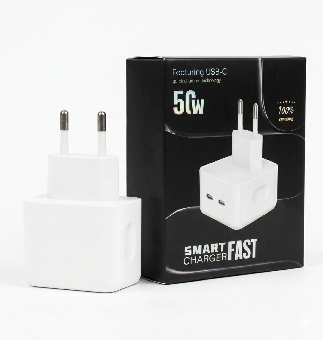 50W Dual USB-C Smart Fast Charger Adapter with 2-Port Type-C Quick Charging Technology