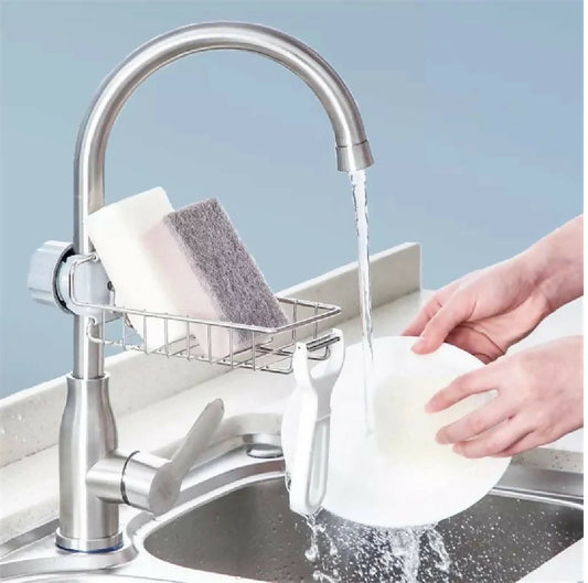 Kitchen Stainless Steel Sink Drain Rack Sponge Holder Stainless Steel Faucet Storage Rack Adhesive Sink Caddy Organizer