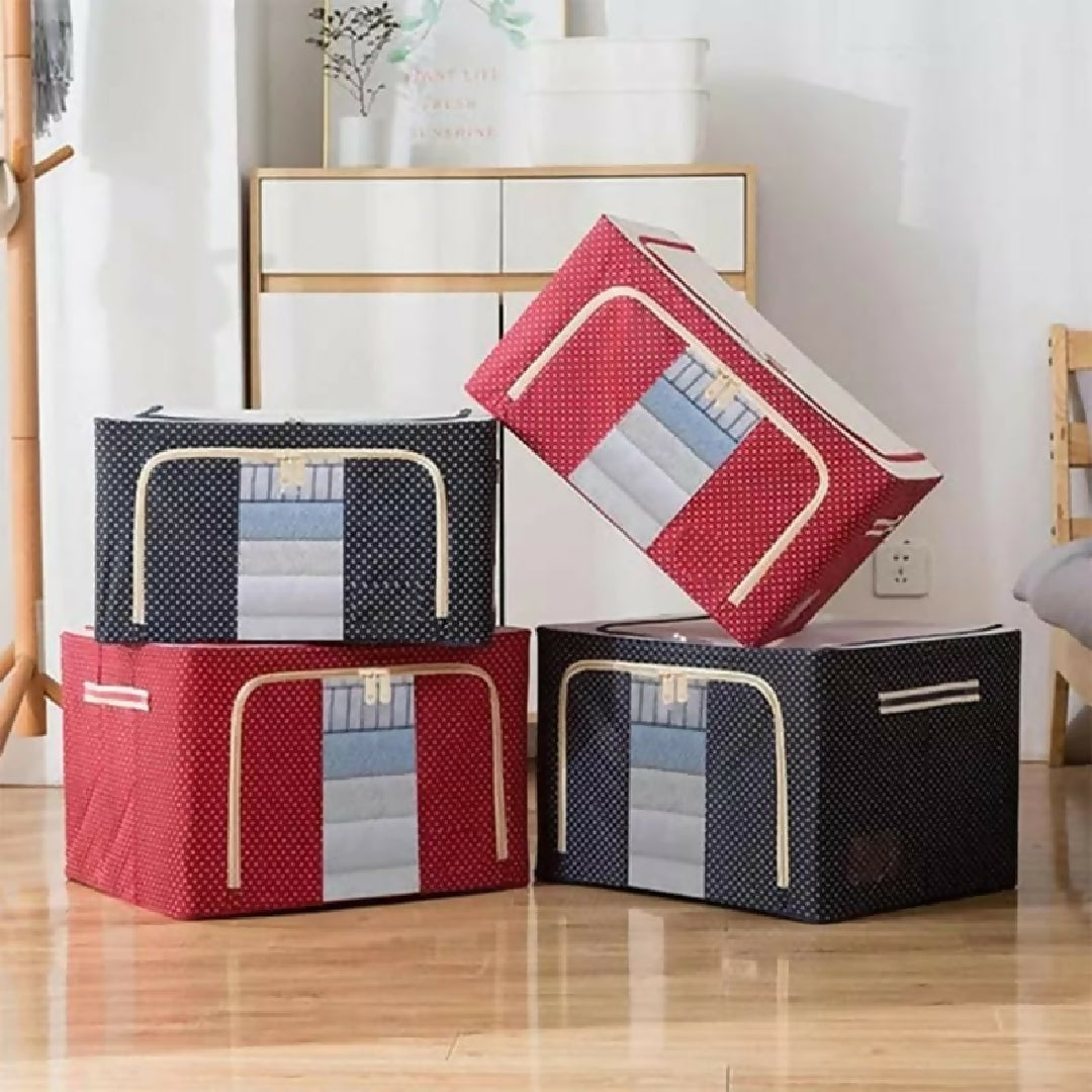 Foldable Metal Frame Clothes Storage Organizer Bag - Large Capacity Fabric Wardrobe Box with Zipper and Clear Window