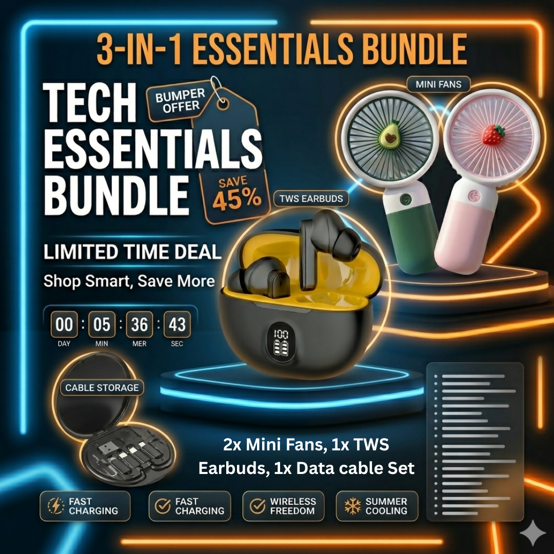 Tech Essential Bundle Mini fans Tws ear buds 5 in 1 data cable set