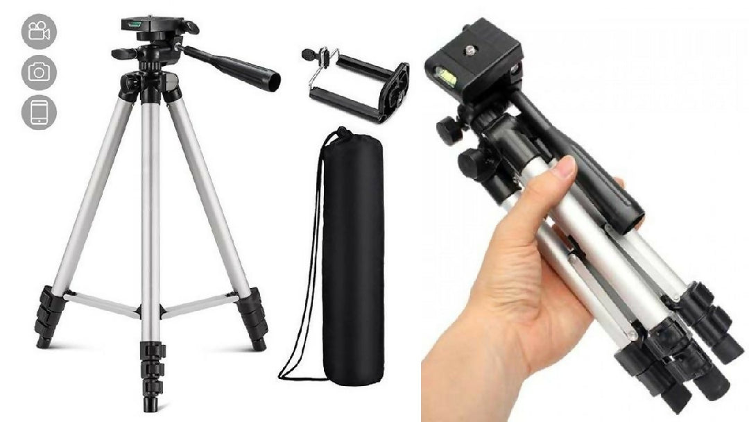 Adjustable Tripod Stand for Mobile Phones and Cameras with Mobile Holder Portable DSLR Stand for Vlogging Universal Silver Model 3110 and Bag