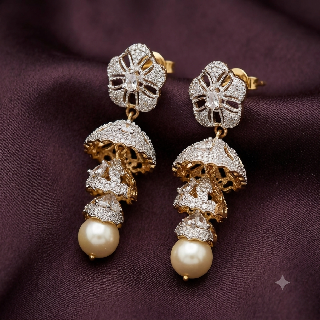 Zircon Floral Jhumka Earrings with Pearl Drops