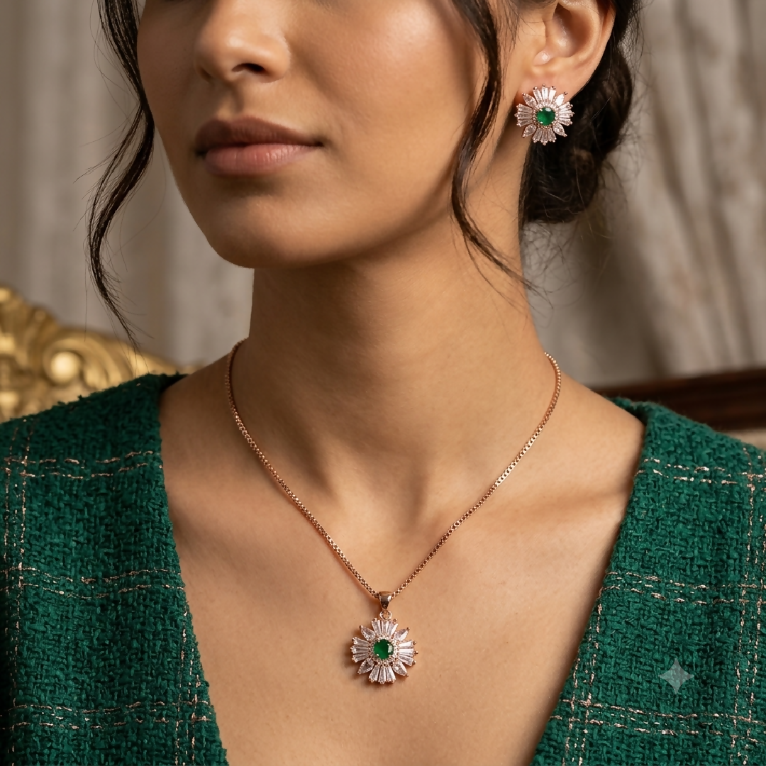 Zircon Emerald Starburst Pendant and Earring Set