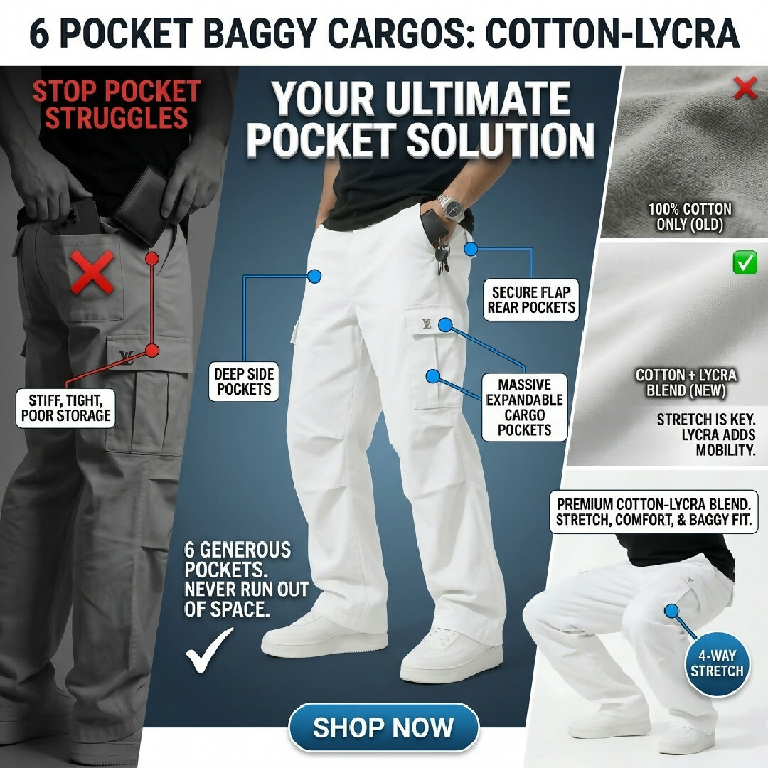 6-Pocket Baggy Cargo Trousers for Men - Cotton Lycra Stretchable Fit