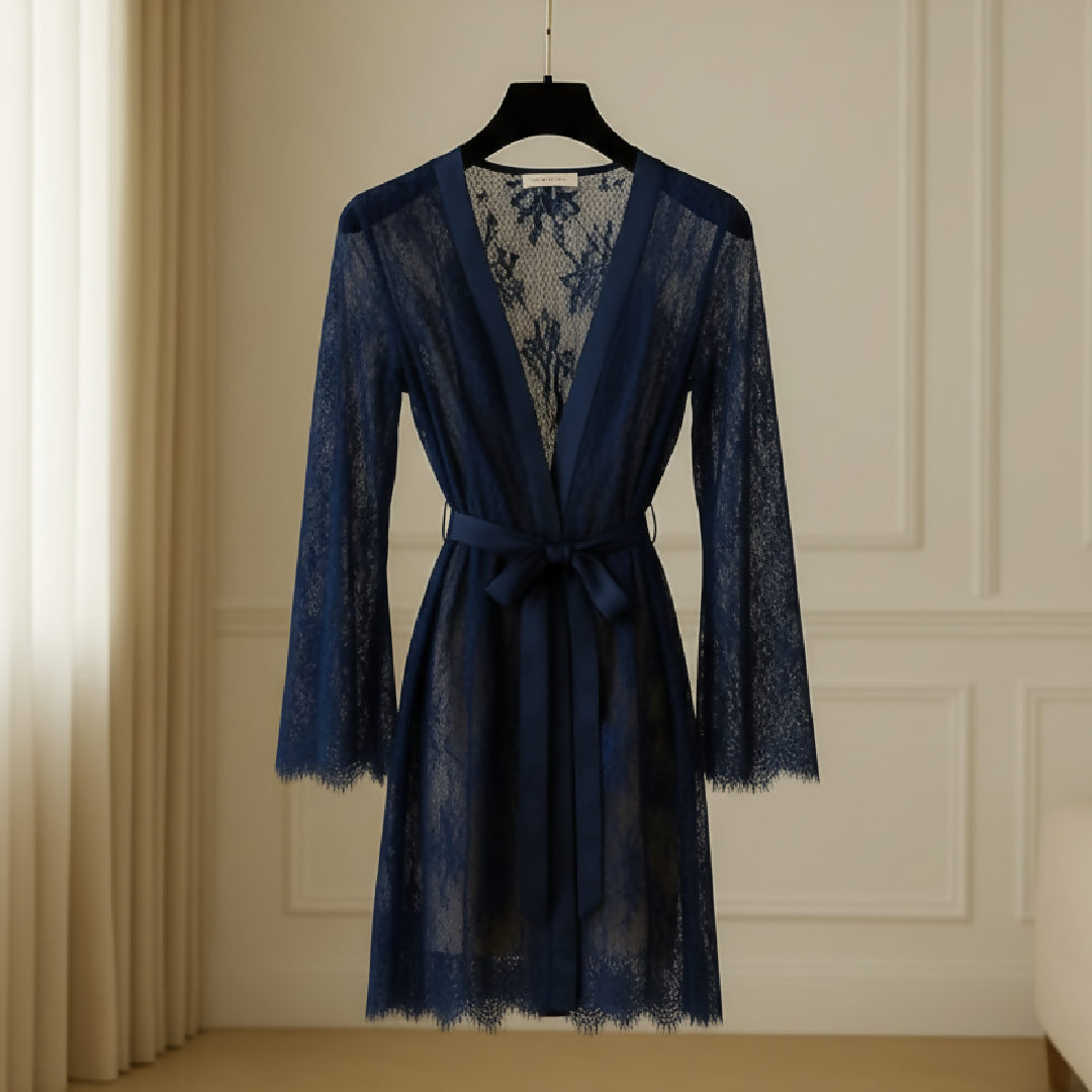Single Pcs Womens Net Transparent Sheer Lace Robe Gown - Long Sleeve Free-Size Nightwear