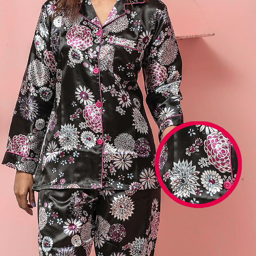 Midnight Bloom Satin Night Suit Womens Floral Two-Piece Loungewear S LUMU Midnight Bloom Satin Night Suit Womens Floral Two-Piece Loungewear S LUMU