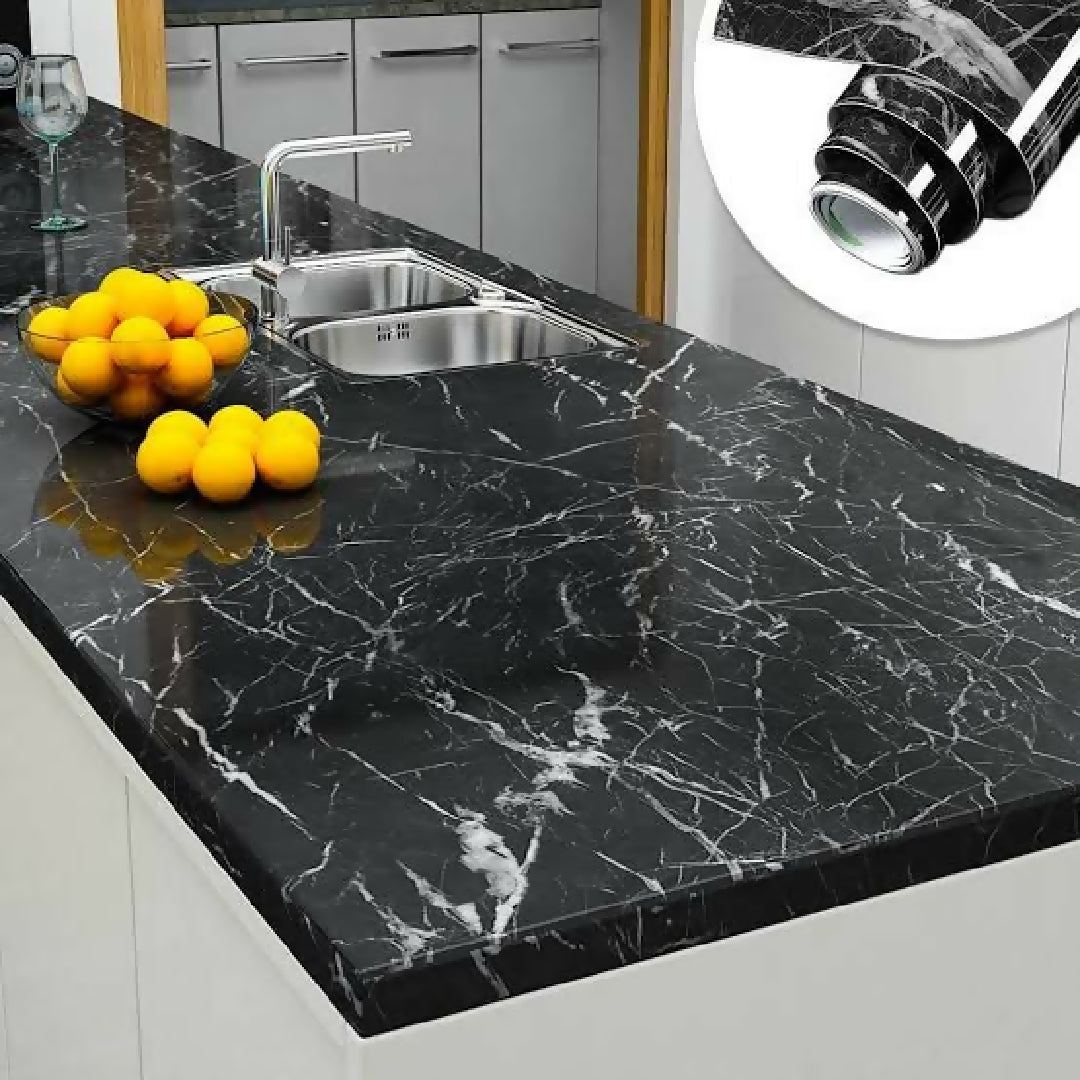 Self Adhesive Marble Sheet Sticker For Kitchen - 60x200 Cupboard Wall - Anti Oil And Heat Resistant - Black