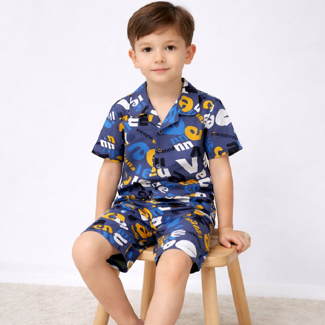 Kids Printed Linen Short Pajama Set