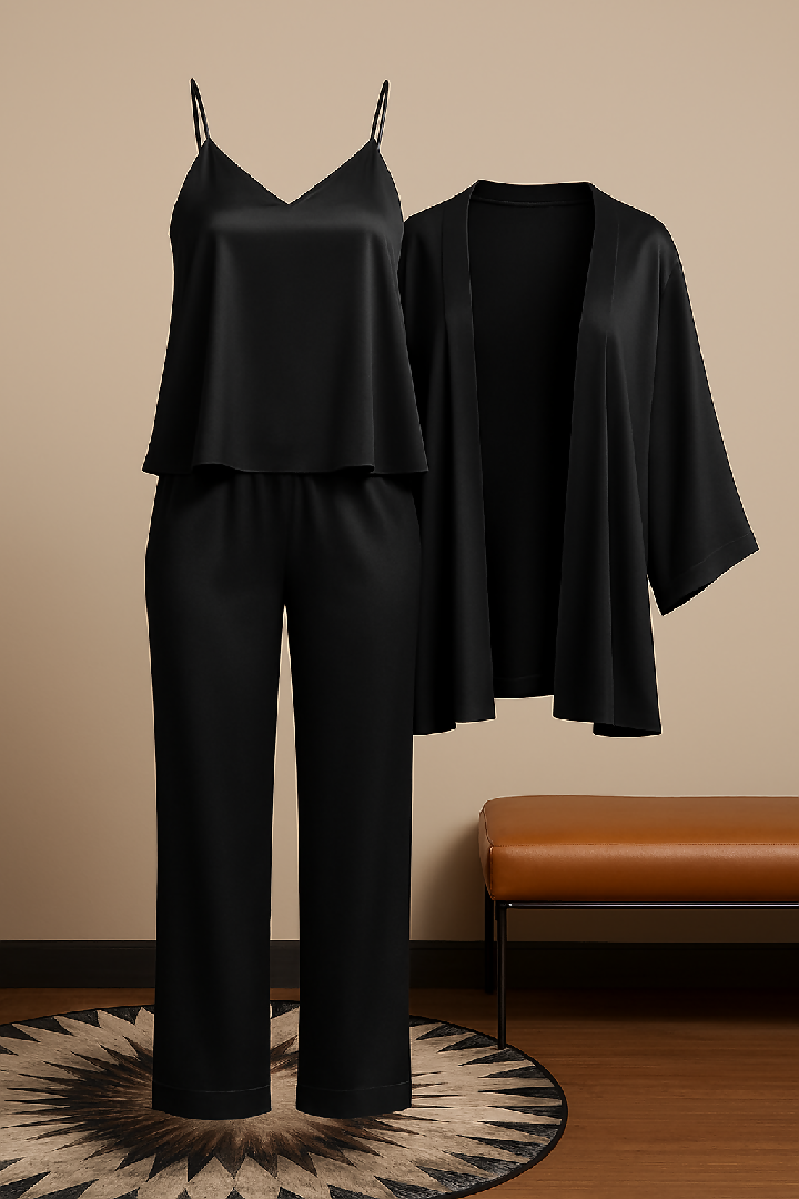 3-Piece Premium Satin Sleepwear Set for Women - Camisole Pants and Robe - Free Size