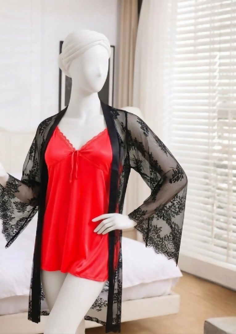 2-Piece Womens Sleepwear Set Camisole Shorts Lace Gown Soft Satin Nightwear Free Size