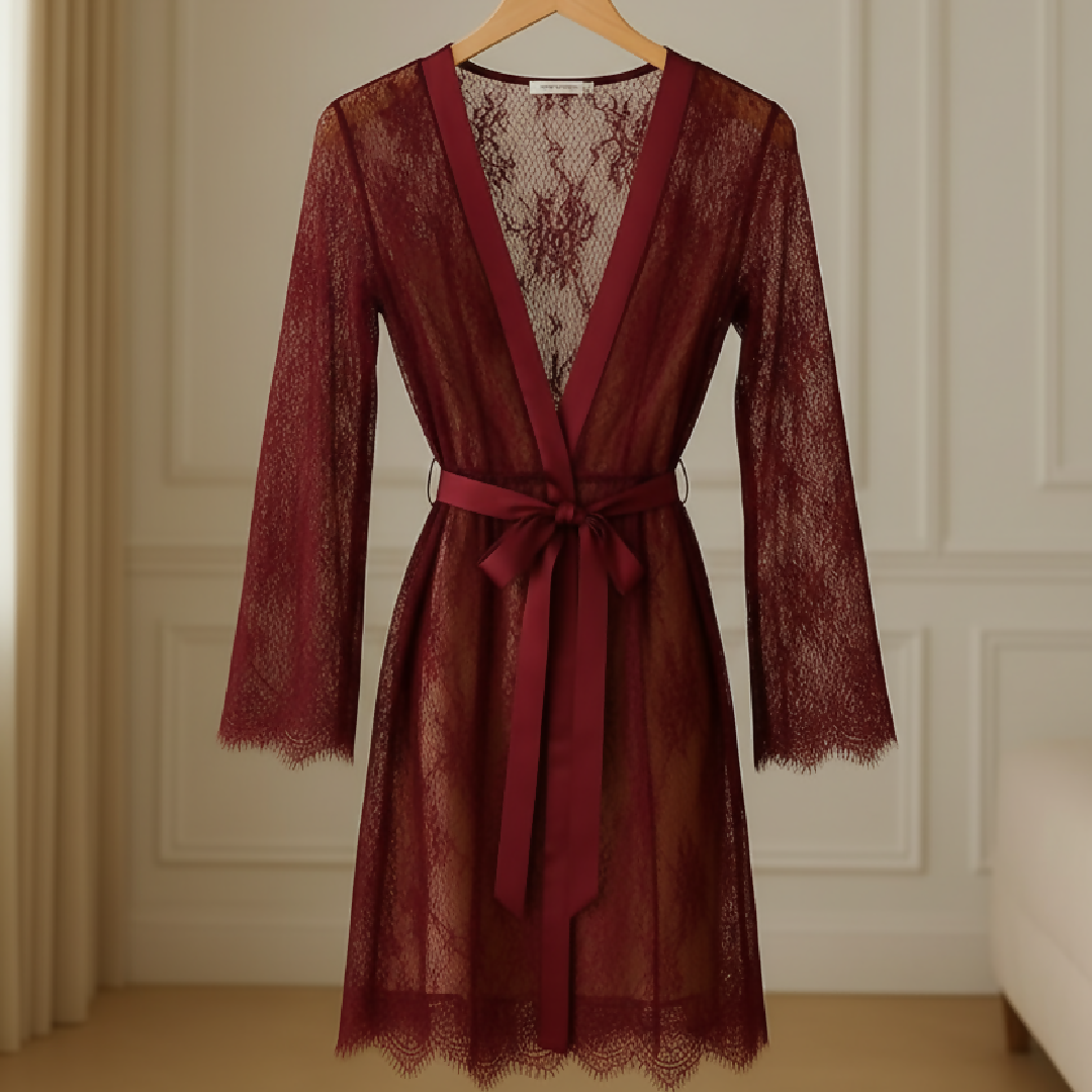 Single Pcs Womens Net Transparent Sheer Lace Robe Gown - Long Sleeve Free-Size Nightwear