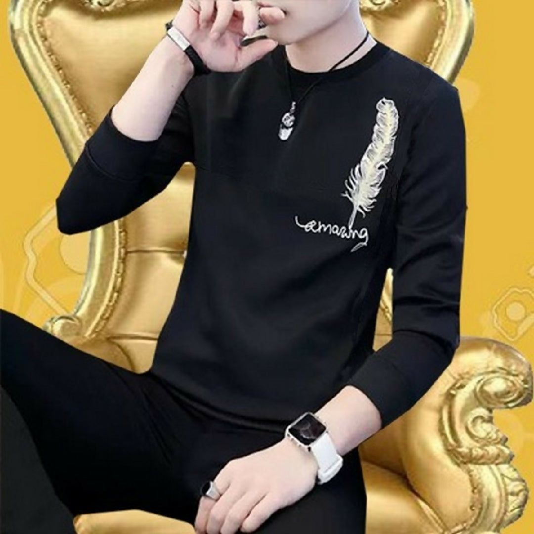 New Collection Mens Stylish Print Full Sleeves T-Shirt Premium Quality Fashionable Design for a Smart Look Black Leaf Print T-Shirt L