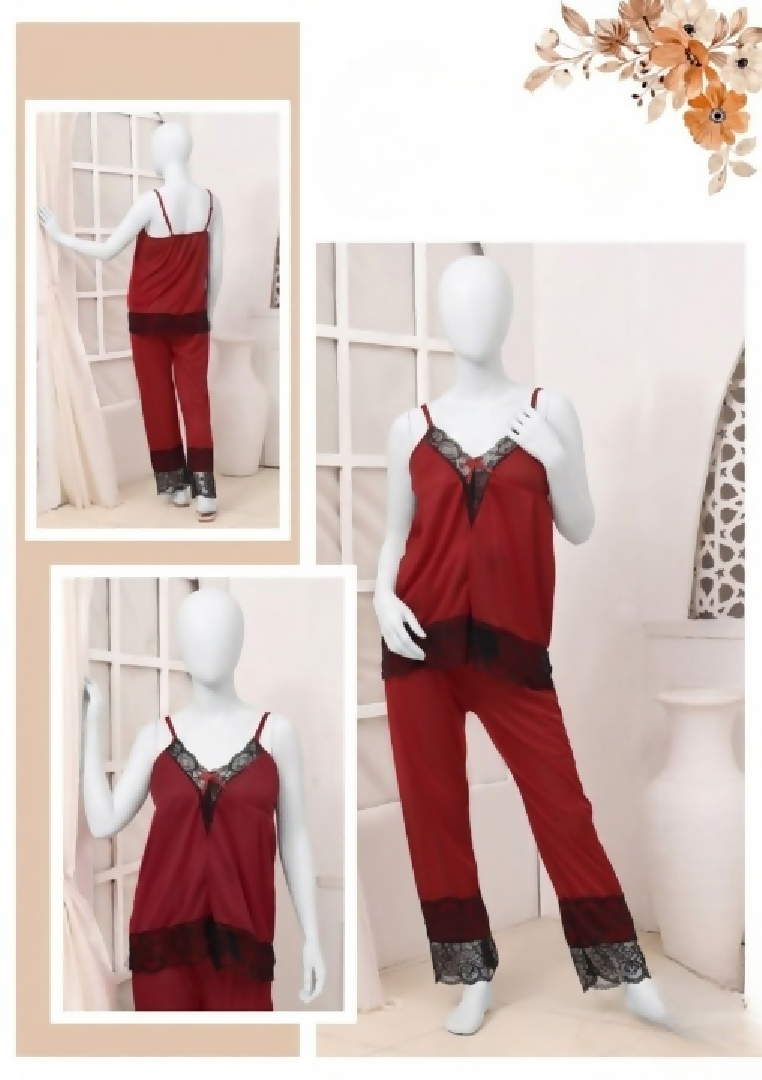 Womens Silk Top Pajama Set with Lace Luxury Sleepwear Collection Free Size