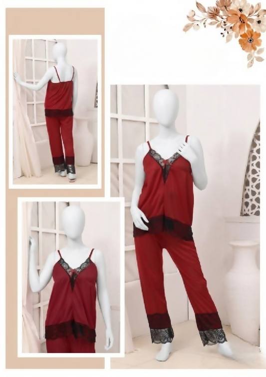 Womens Silk Top Pajama Set with Lace Luxury Sleepwear Collection Free Size