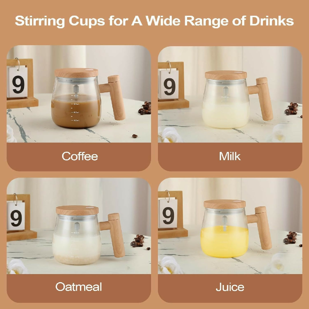 Wooden Design Automatic Self Stirring Coffee Mug One Click Electric Mixing Glass Cup