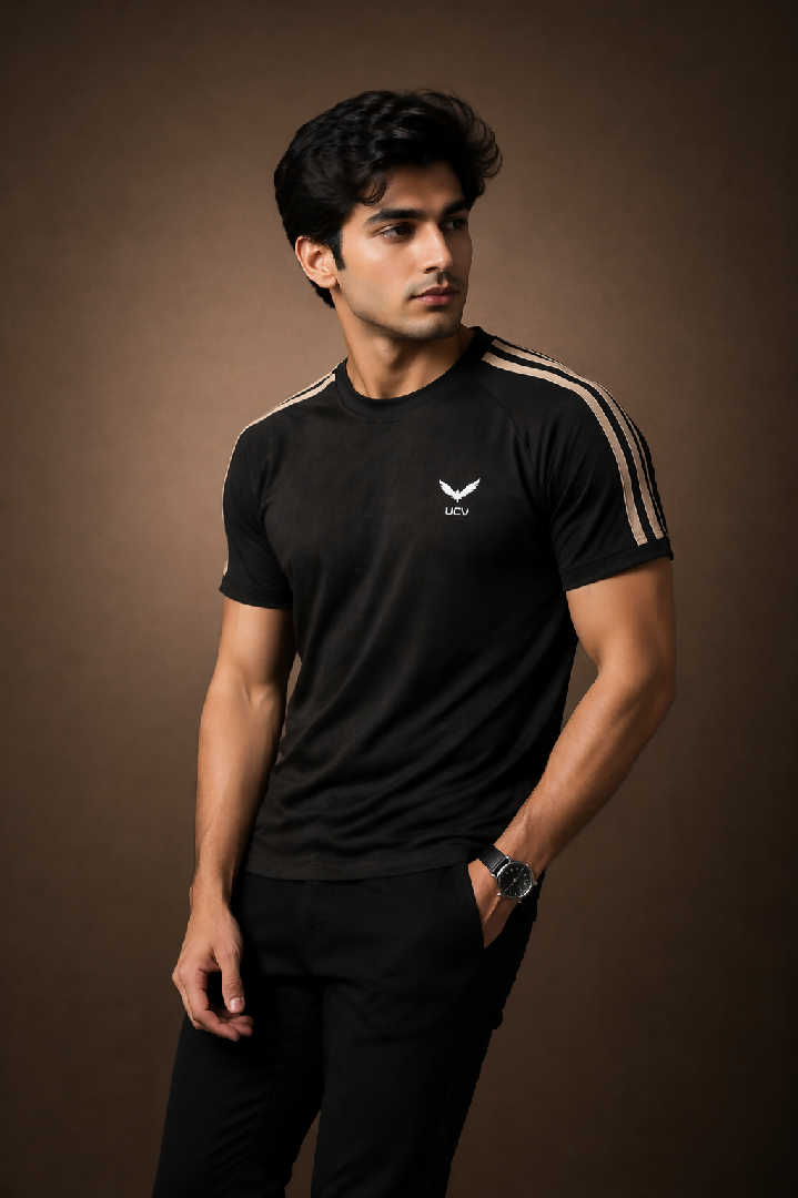 Black T Shirt Textured Knitted Mesh Polyester