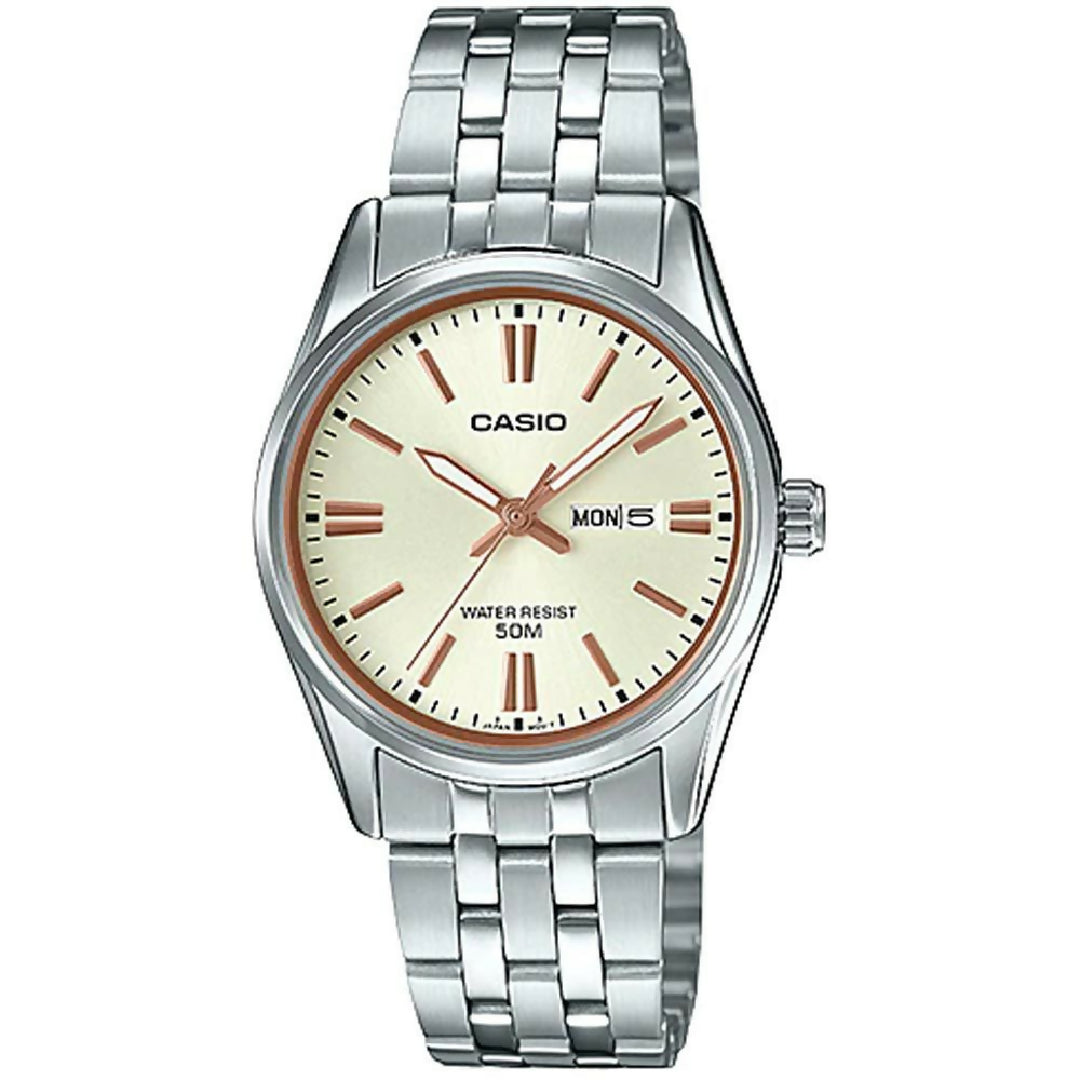 Casio Dark Golden Dial Day and Date Watch with Full Silver Chain Elegant Classic Design