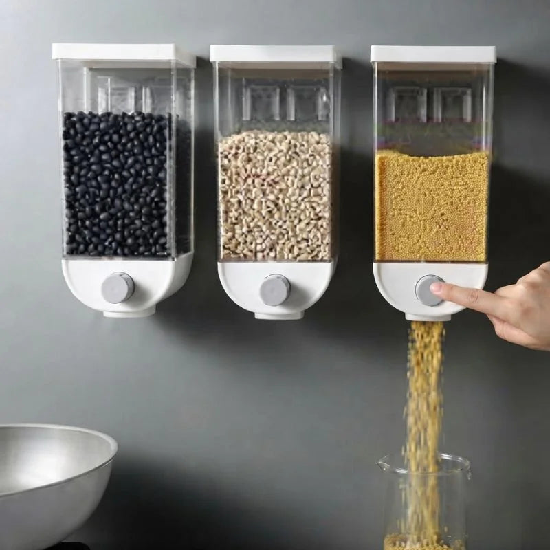 Wall Mounted Cereal Dispenser | 1.5L Transparent Grain Storage Container | One-Touch Cereal & Rice Dispenser | Space Saving Kitchen Organizer
